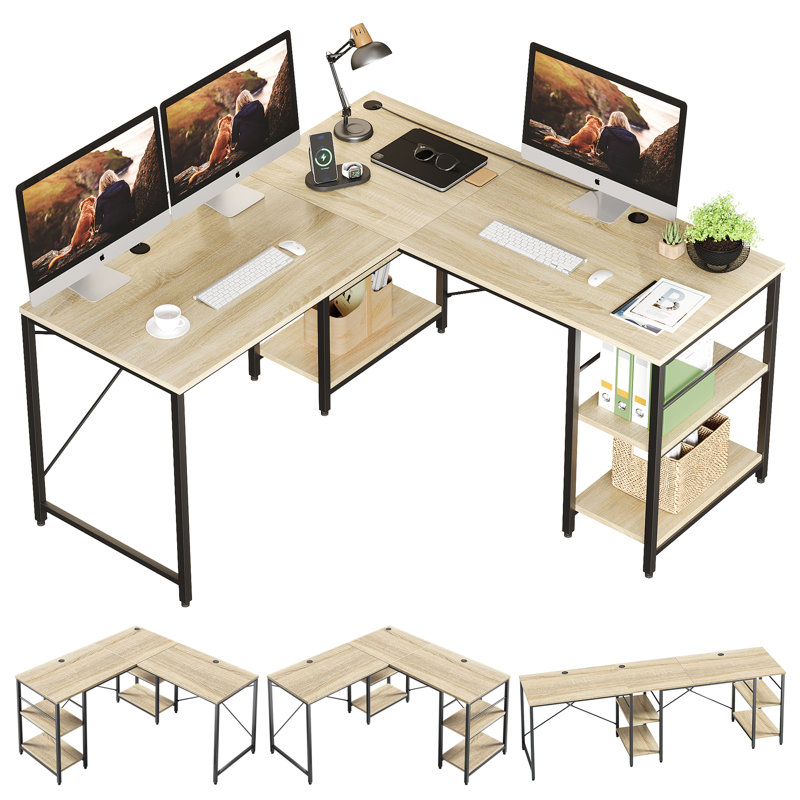 17 Stories Fortson 95.2" L Shaped Desk with Shelves, Reversible Corner Computer Desk or 2 Person